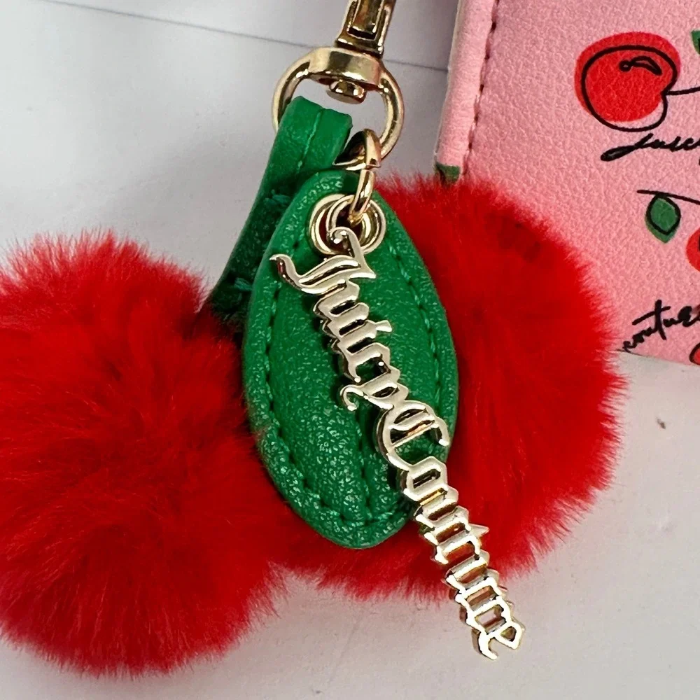 Juicy Couture Card Case Wallet Womens Pink Cherry Print Pom Keychain Excellent